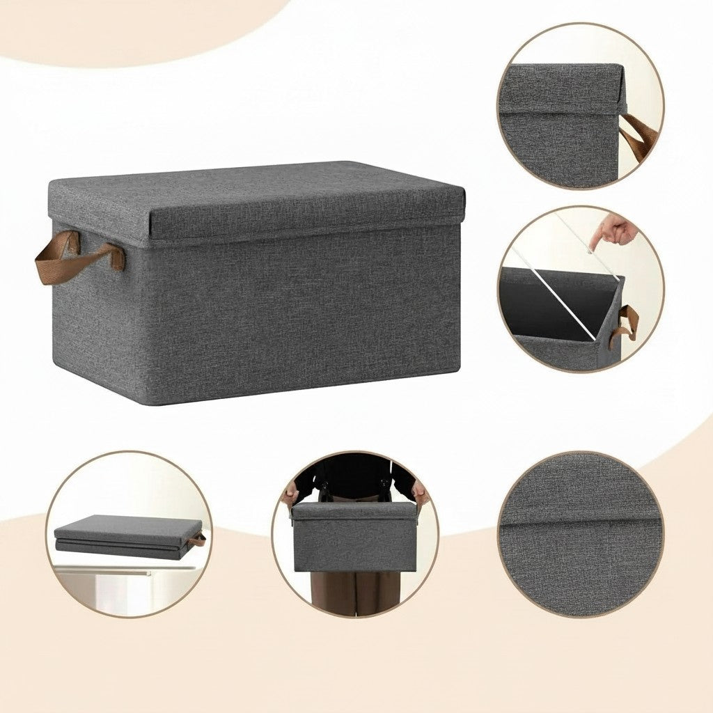 Tokari set van 5 grijze opvouwbare opbergboxen met deksel en bruine leren handgrepen voor kleding en speelgoed