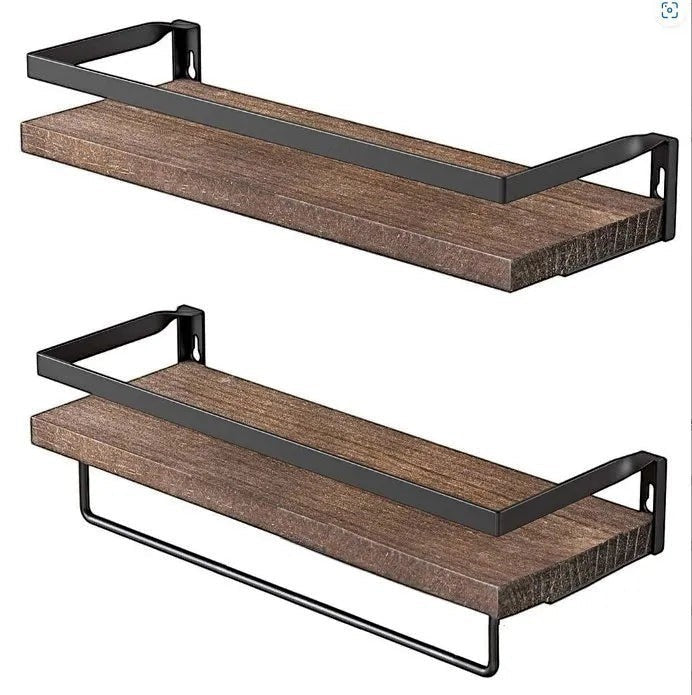 Tokari set van twee wandplanken van massief hout met zwarte metalen rand en handdoekhouder voor aan de muur