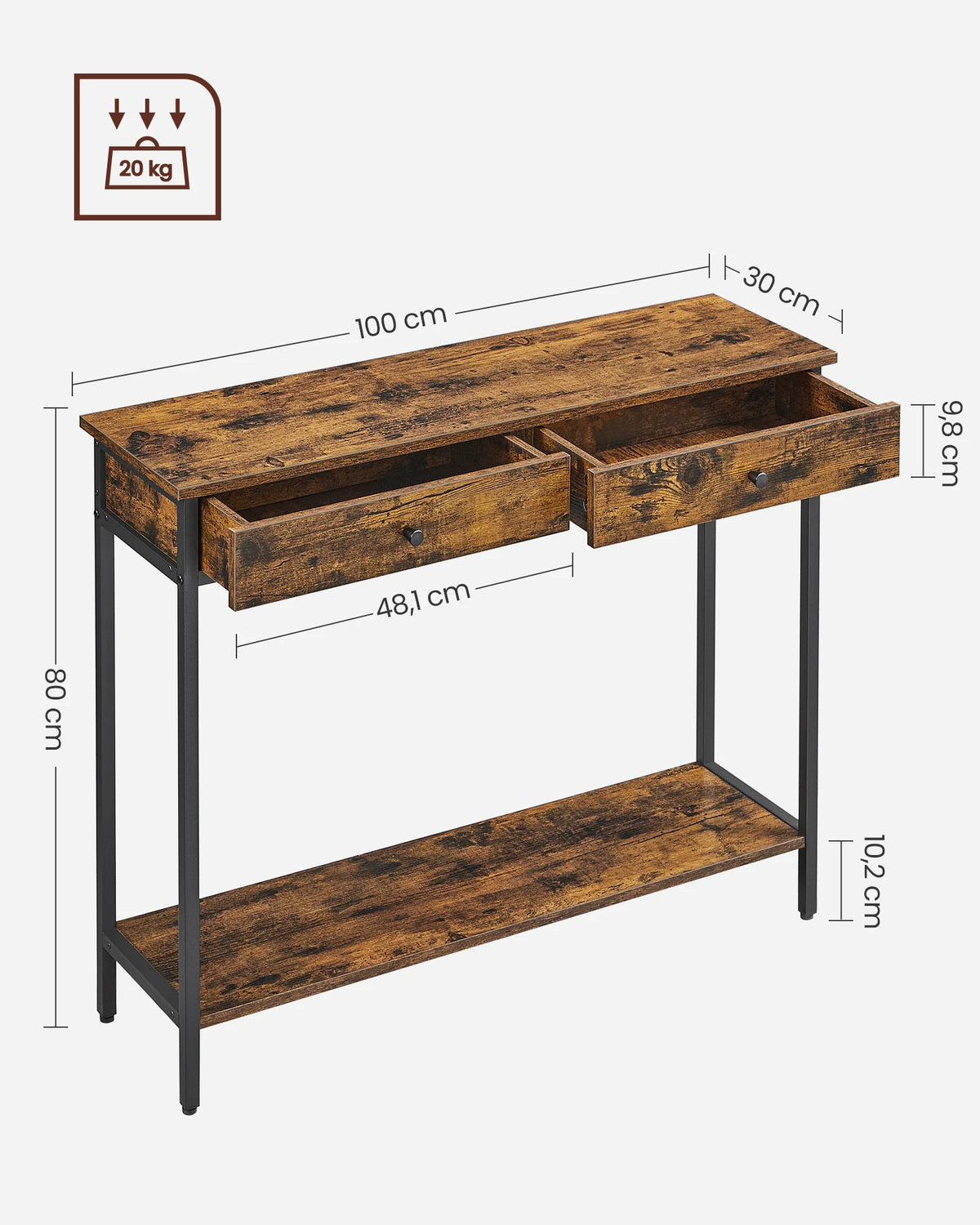 Wandtafel met 2 Lades