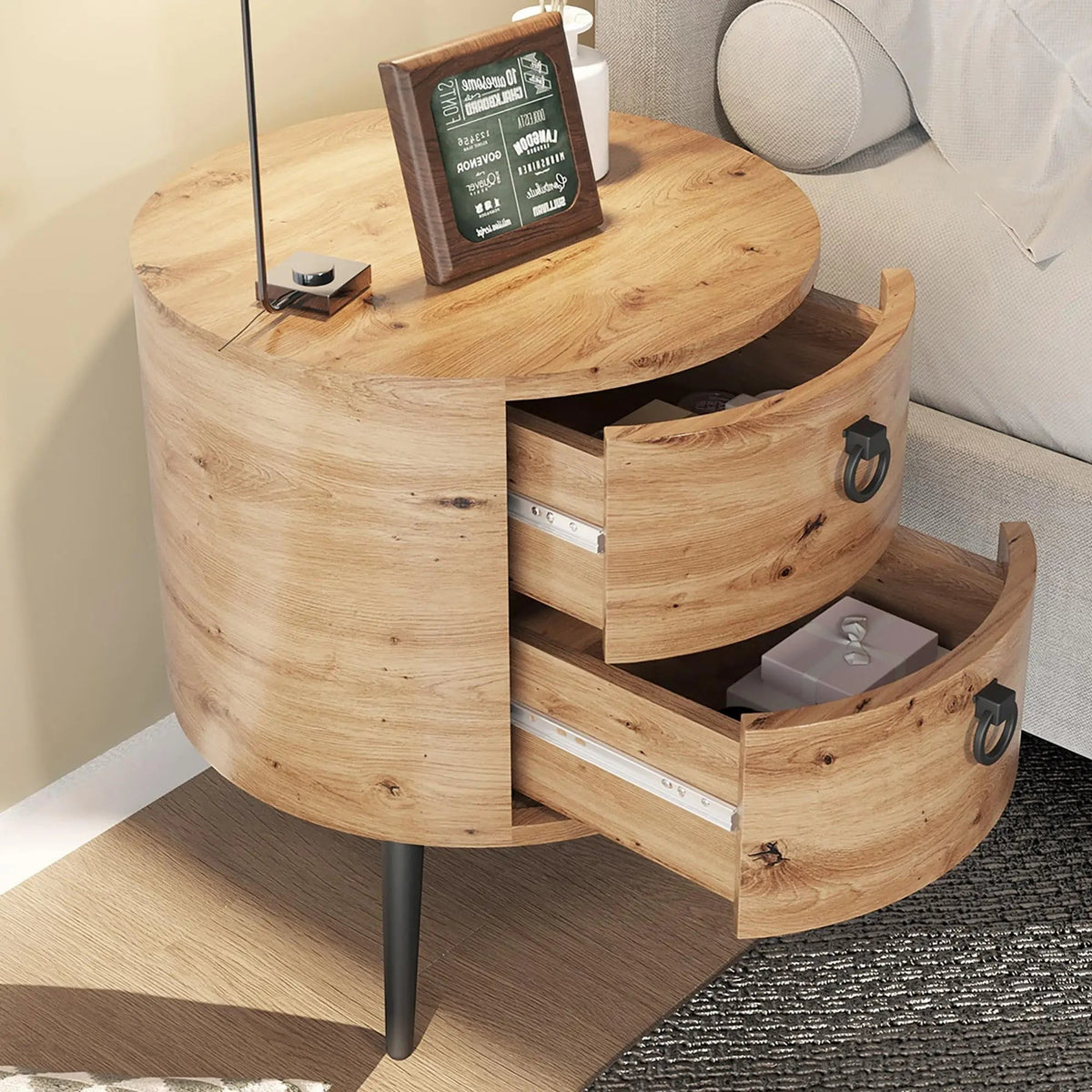 Ronde Houten Zijtafel met 2 Lades