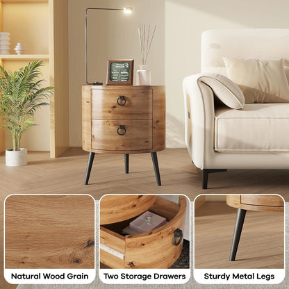 Ronde Houten Zijtafel met 2 Lades