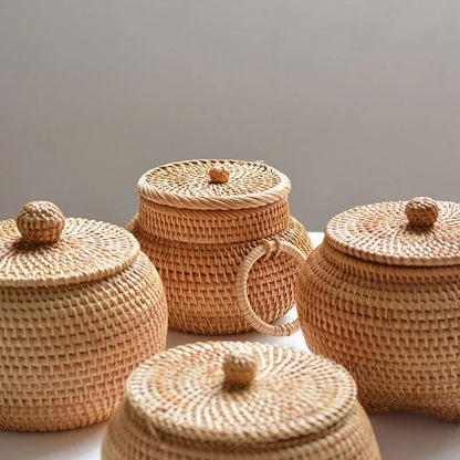 Ronde Rattan Opbergdoos met Deksel