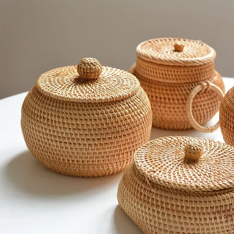 Ronde Rattan Opbergdoos met Deksel