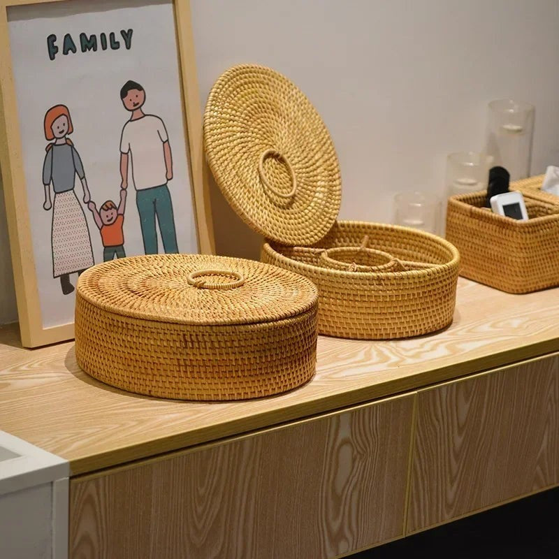 Rattan Snackdoos met 5 Vakken en Deksel