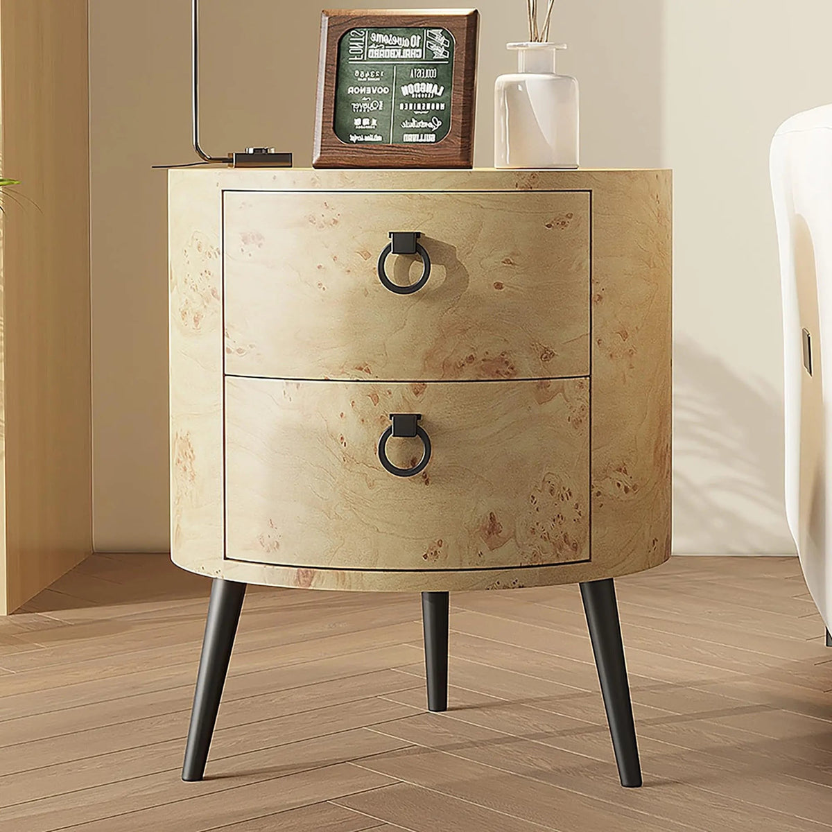 Ronde Houten Zijtafel met 2 Lades