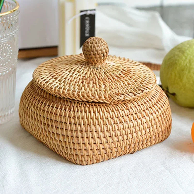 Ronde Rattan Opbergdoos met Deksel