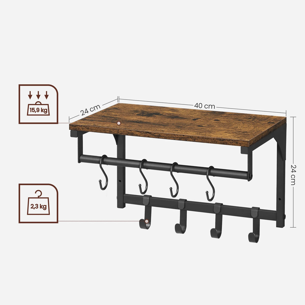 Compacte Wandkapstok met 8 Haken