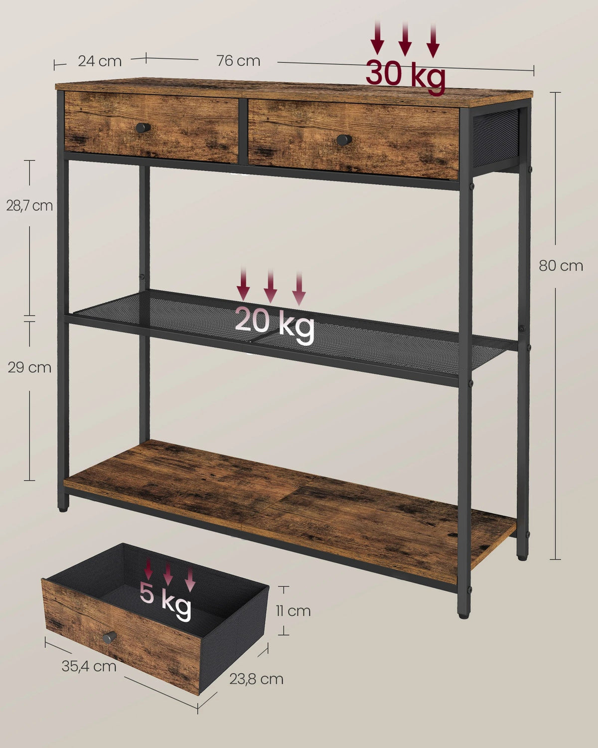 Wandtafel met 2 Lades