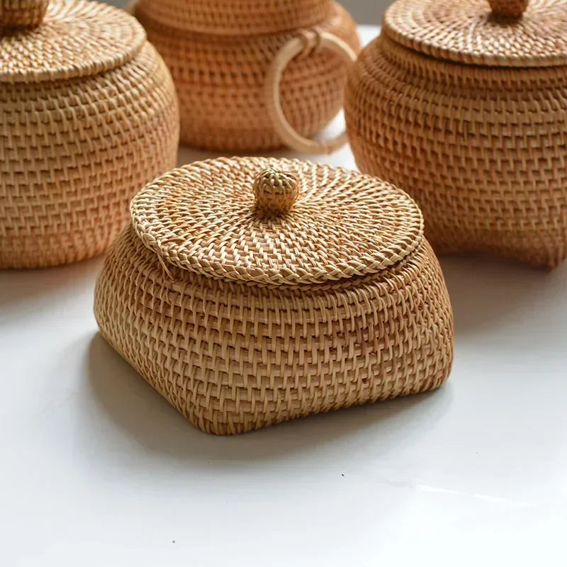 Ronde Rattan Opbergdoos met Deksel