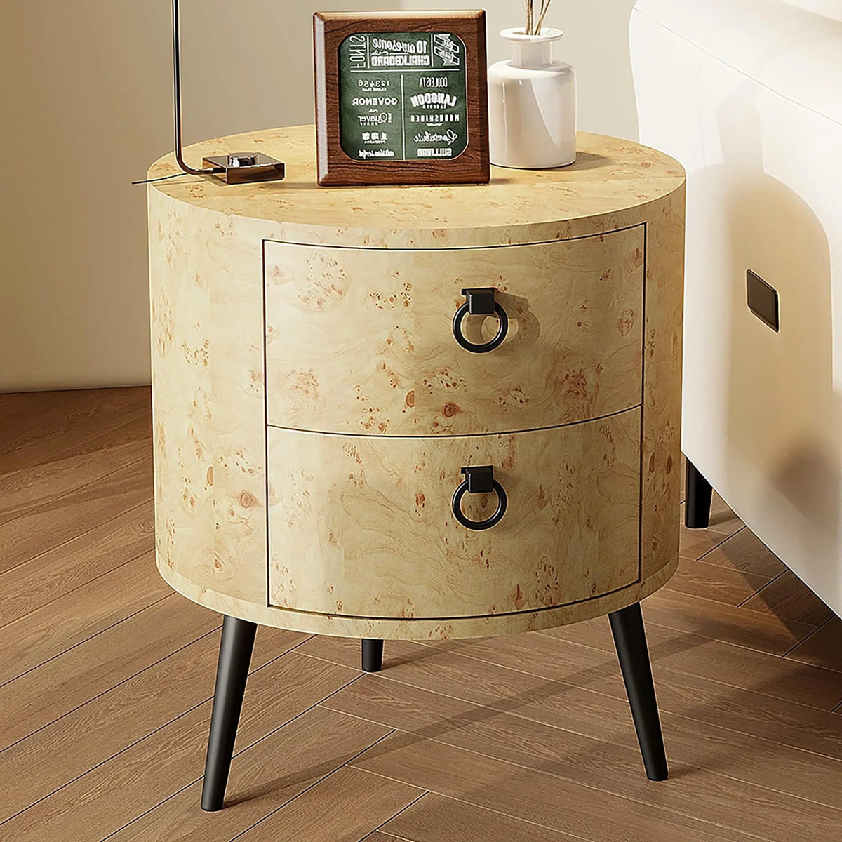 Ronde Houten Zijtafel met 2 Lades