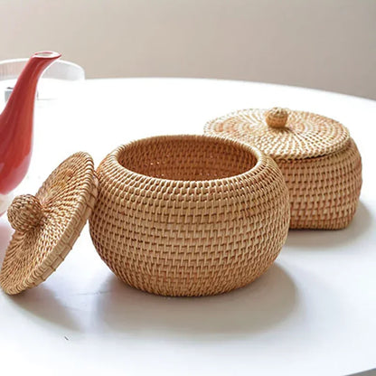 Ronde Rattan Opbergdoos met Deksel
