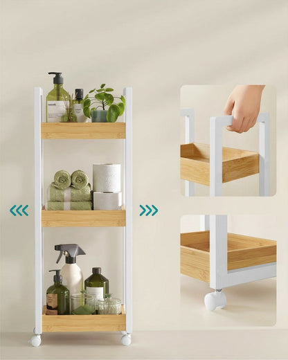 Tokari badkamerrek met drie bamboe planken en een wit metalen frame, verrijdbaar op wielen voor smalle ruimtes.