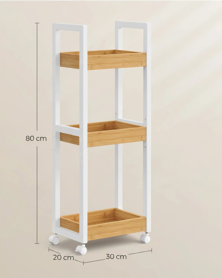 Tokari compact badkamerrek met drie bamboe planken en een wit metalen frame op wielen voor smalle ruimtes.