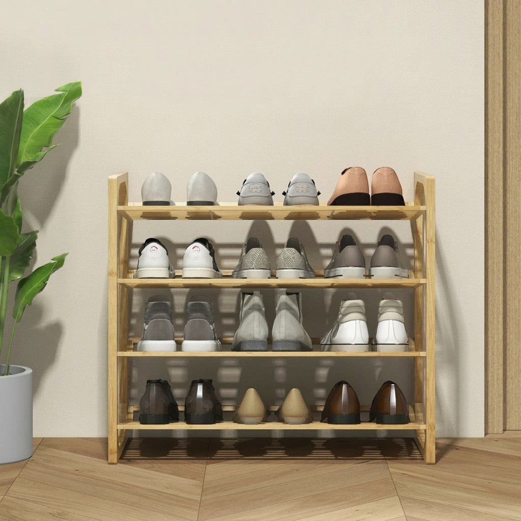 Tokari bamboe schoenenrek met 4 lagen voor 12 paar schoenen in een modern interieur met kamerplant