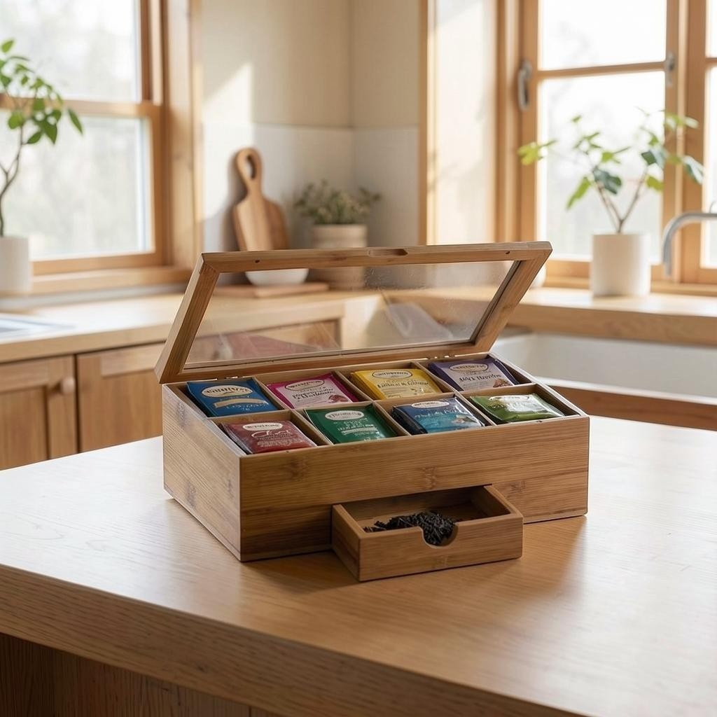 Tokari bamboe theedoos met acht vakken, glazen deksel en uitschuifbare lade op een houten keukenblad.