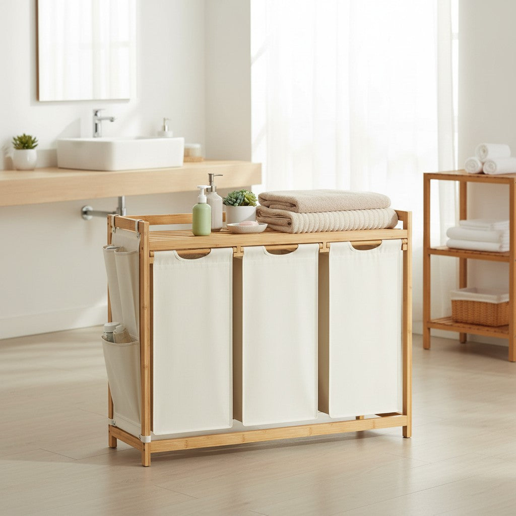 Tokari bamboe wasmand met drie vakken en uitneembare beige stoffen zakken voor het sorteren van wasgoed in de badkamer.