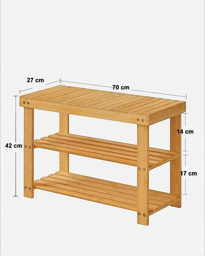 Tokari bamboerek met zitbank en twee schoenenplanken in natuurlijke houtkleur voor in de hal of slaapkamer.