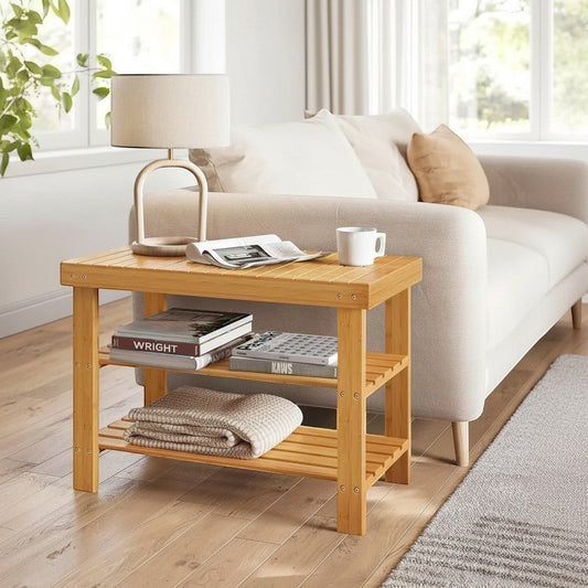 Tokari bamboerek met zitbank en twee planken voor schoenen of decoratie in een lichte woonkamer