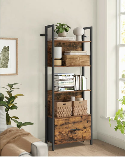 Tokari boekenkast met zwart metalen frame, houten planken in rustieke stijl en een handige opberglade onderin.