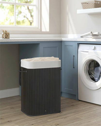 Tokari bamboe wasmand van 72 liter in donkergrijs met uitneembare waszak voor in de badkamer of wasruimte