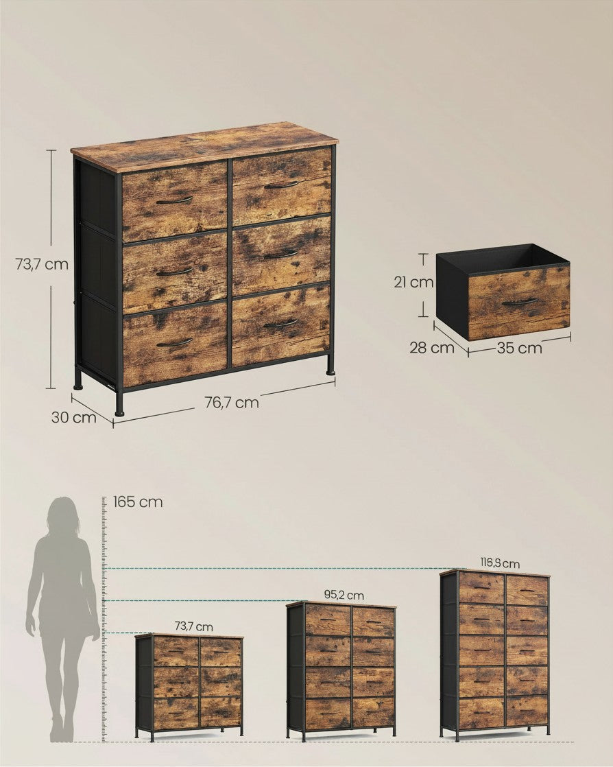 Tokari dressoir met zes stoffen lades in rustieke bruine houtkleur met een zwart metalen frame voor extra opbergruimte.