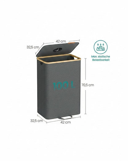 Tokari flessencontainer van 95 liter in grijs Oxfordweefsel met FSC-gecertificeerde bamboe rand en handig deksel.