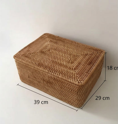 Tokari handgevlochten rechthoekige rattan opbergmand met deksel in natuurlijke bruine kleur voor interieur