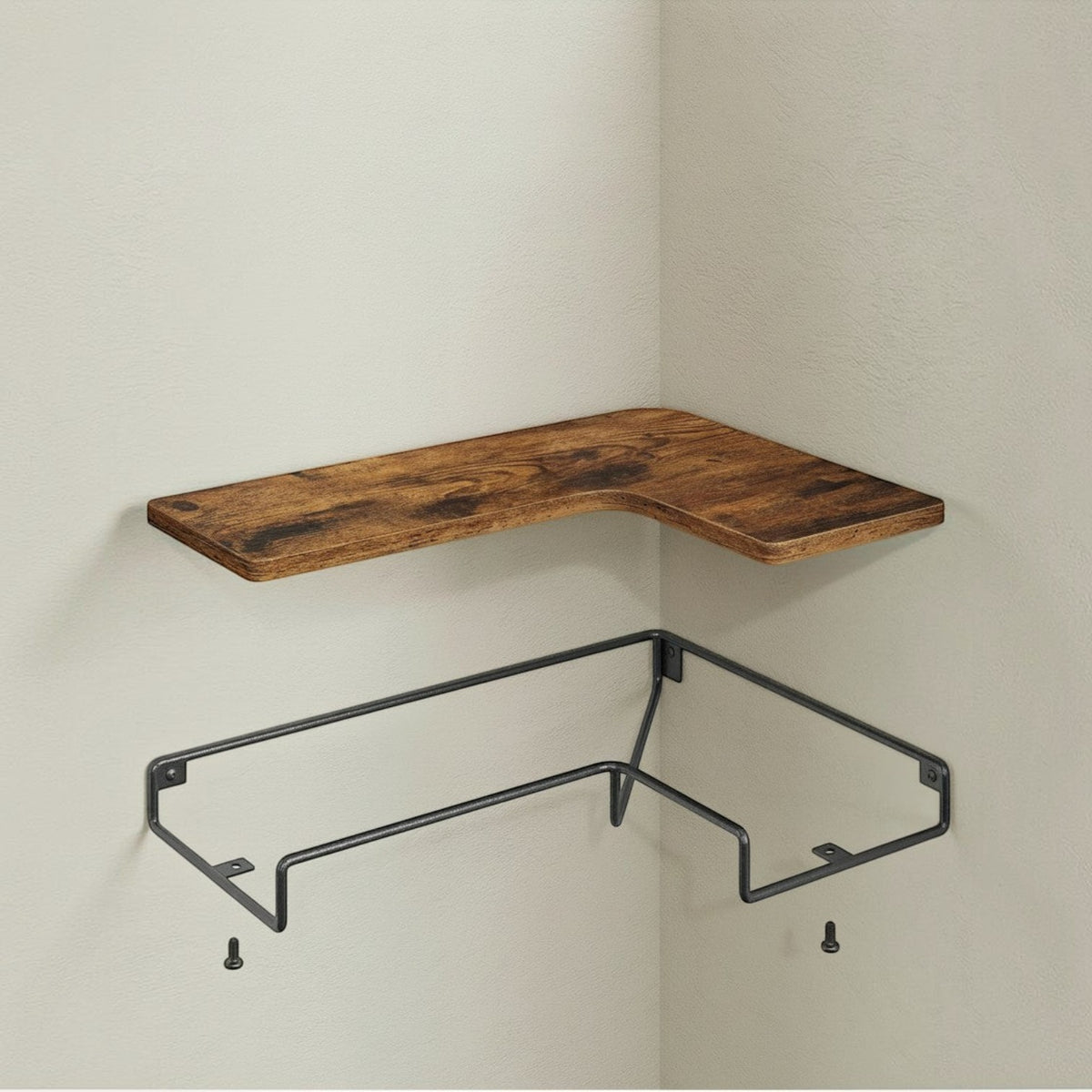 Tokari set van drie hoekplanken met rustiek bruin spaanplaat en een zwart stalen frame voor wandmontage in hoeken.