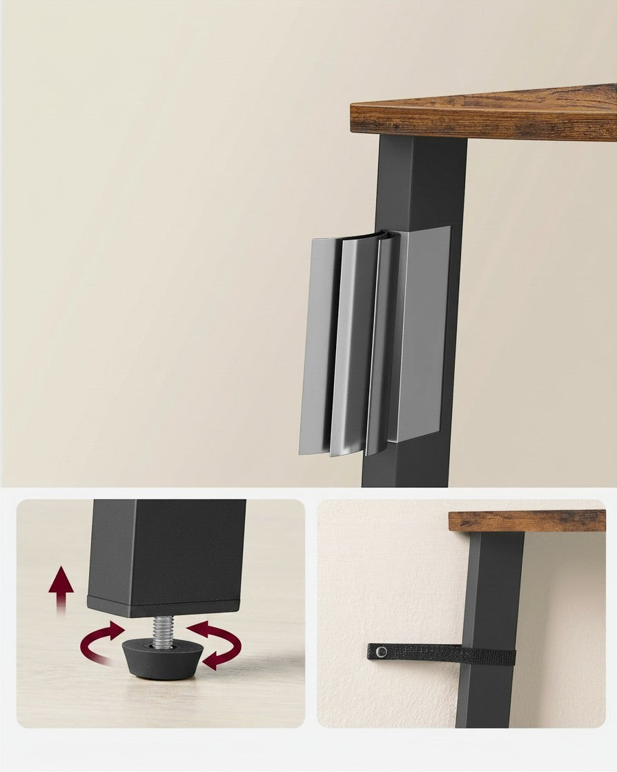 Tokari hoekrek met 5 planken, verstelbare voetjes en muurbevestiging voor extra stabiliteit in een industrieel design.