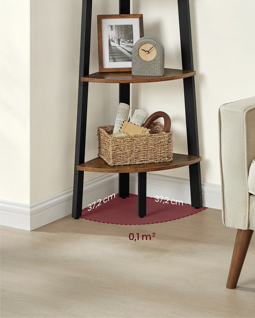 Tokari hoekrek met 5 planken in industrieel design met zwart metalen frame en bruine houten legplanken in een hoek.