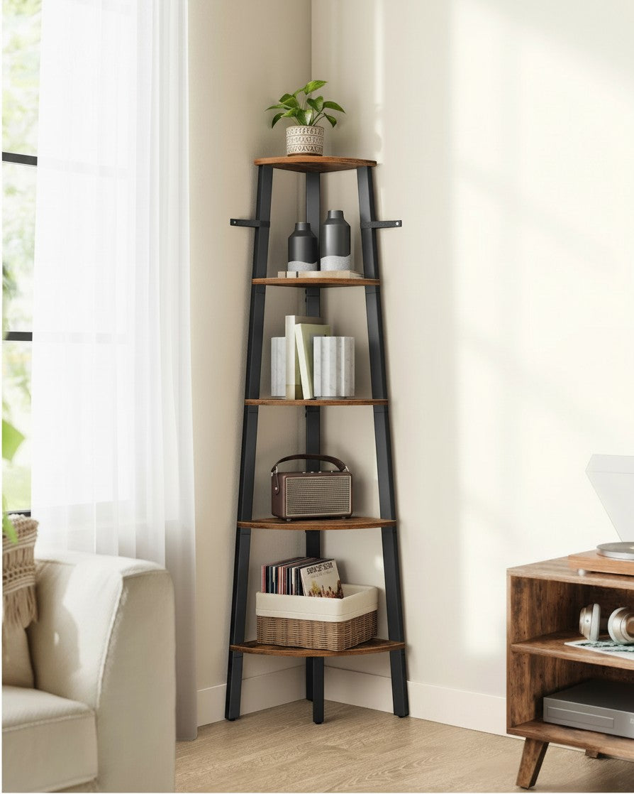 Tokari hoekrek met 5 planken in rustiek bruin hout en zwart metalen frame voor woonkamer of kantoor