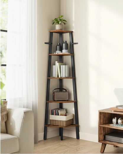 Tokari hoekrek met 5 planken in rustiek bruin hout en zwart metalen frame voor woonkamer of kantoor