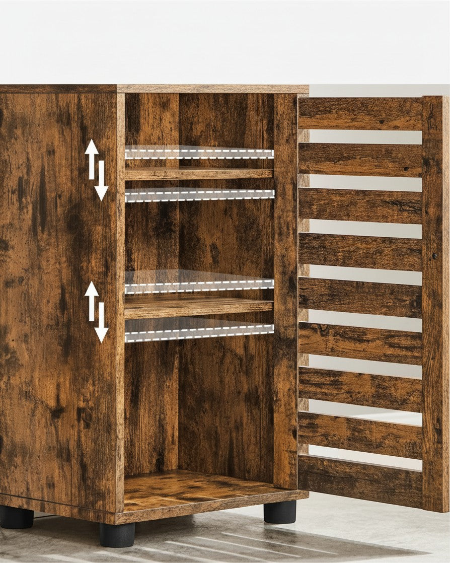 Tokari hoge badkamerkast in rustiek bruin hout met verstelbare planken en een lamellendeur voor optimale opbergruimte.