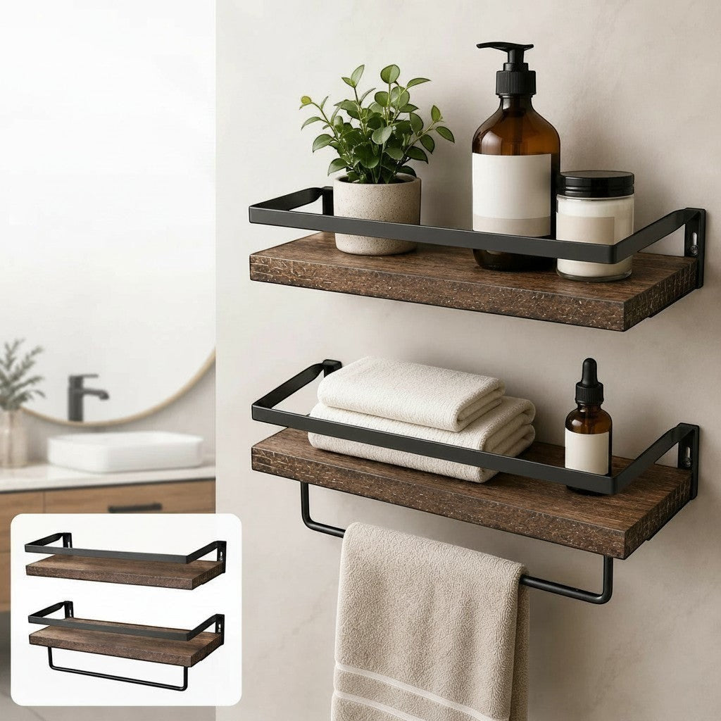 Tokari set van twee wandplanken van massief hout met zwart metalen frame en handdoekhouder voor badkamer of keuken