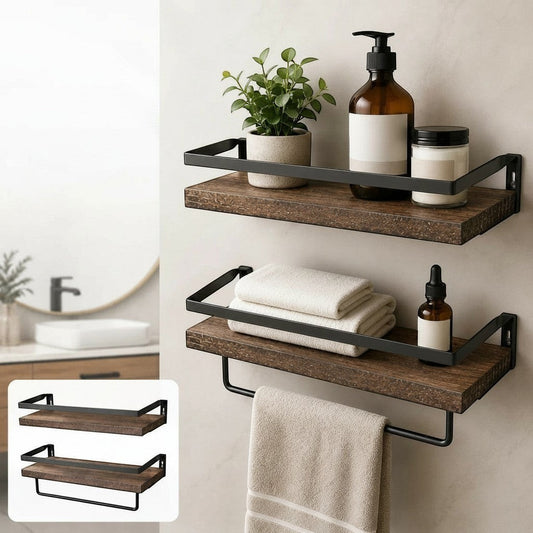 Tokari set van twee wandplanken van massief hout met zwart metalen frame en handdoekhouder voor badkamer of keuken