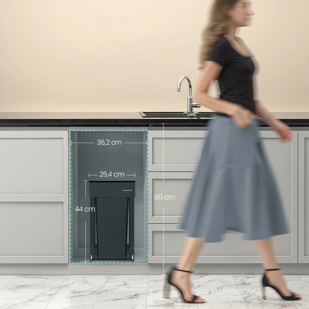 Tokari inbouw pedaalemmer met twee vakken in een keukenkast, inclusief afmetingen voor eenvoudige installatie.
