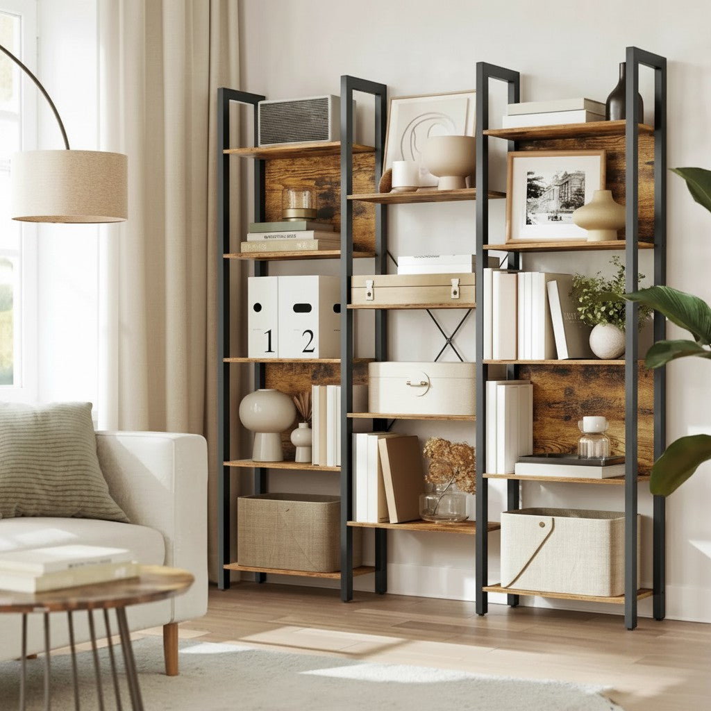 Tokari industriële boekenkast met 14 niveaus, zwart stalen frame en rustieke houten planken in een woonkamer.