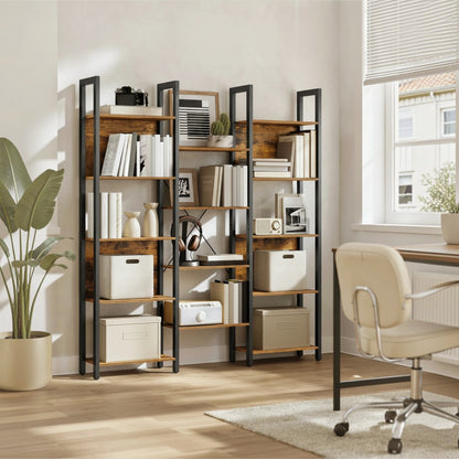 Tokari industriële boekenkast met 14 niveaus, zwart stalen frame en rustieke houten planken in een modern kantoor.