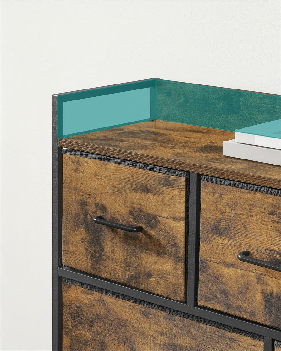 Tokari ladenkast met 7 stoffen lades in vintage bruin en zwart staal, voorzien van een verhoogde achterrand.