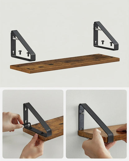 Tokari set van drie industriële wandplanken met houtlook planken en zwarte metalen beugels voor wandmontage.