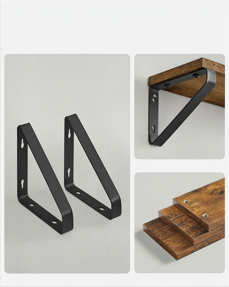 Tokari industriële wandplanken set van 3 met houtlook planken en zwarte metalen beugels voor aan de muur