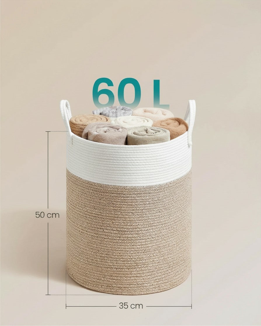 Tokari katoenen wasmand van 60 liter in beige en wit met stevige handgrepen voor kleding of speelgoed.