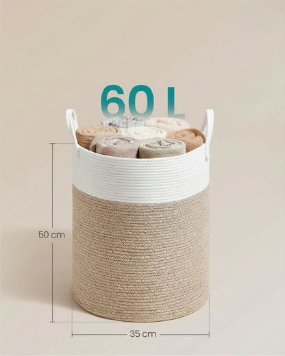 Tokari katoenen wasmand van 60 liter in beige en wit met stevige handgrepen voor kleding of speelgoed.