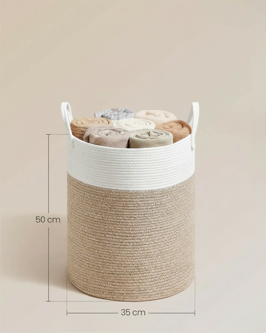 Tokari katoenen wasmand van 60 liter in beige en wit met stevige handgrepen voor kleding of speelgoed