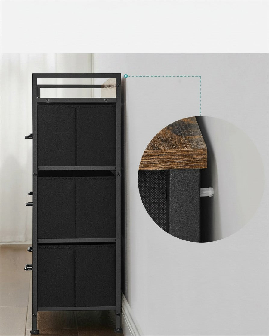 Tokari ladenkast met 7 zwarte stoffen lades, vintage bruin blad en zwart stalen frame met kantelbeveiliging