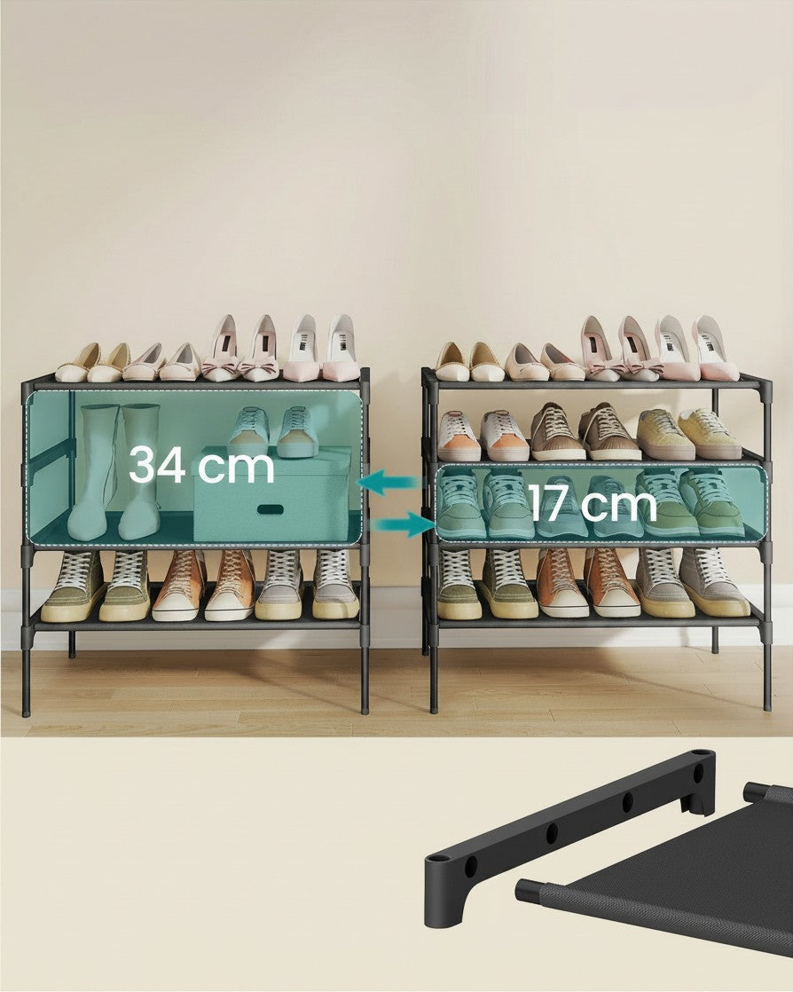 Tokari metalen schoenenrek met 4 lagen en verstelbare hoogte voor sneakers en laarzen in een strak zwart design.