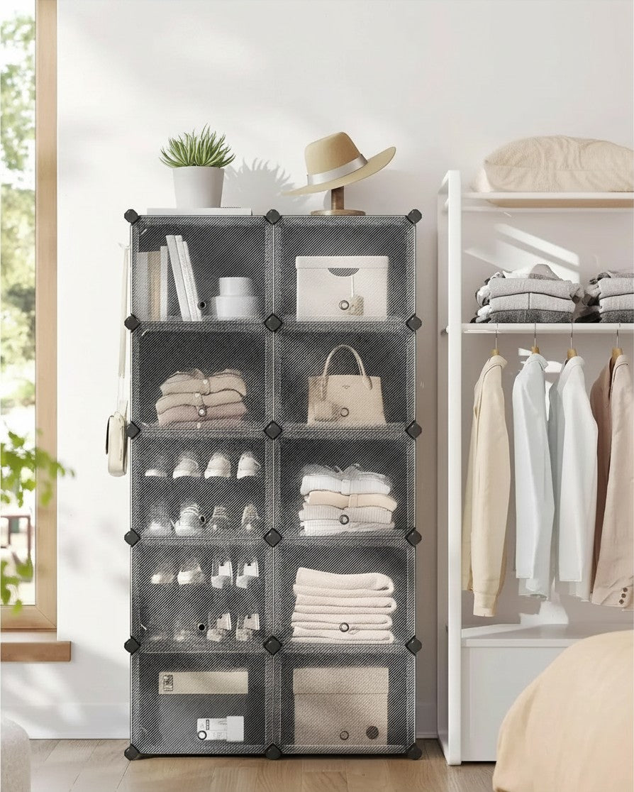 Tokari modulaire schoenenkast met 10 vakken, transparante deurtjes en stalen frame voor schoenen en accessoires in de hal.