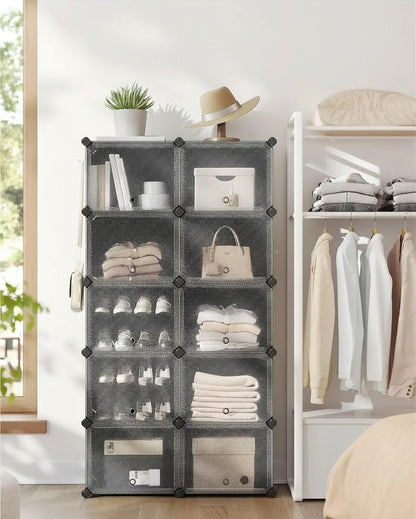 Tokari modulaire schoenenkast met 10 vakken, transparante deurtjes en stalen frame voor schoenen en accessoires in de hal.