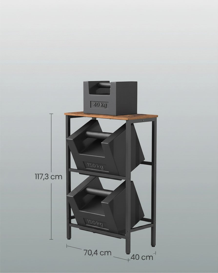 Tokari opbergrek met houten blad en metalen frame inclusief vier uitneembare opbergboxen voor een opgeruimd interieur.