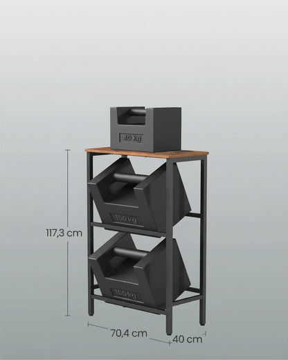 Tokari opbergrek met houten blad en metalen frame inclusief vier uitneembare opbergboxen voor een opgeruimd interieur.